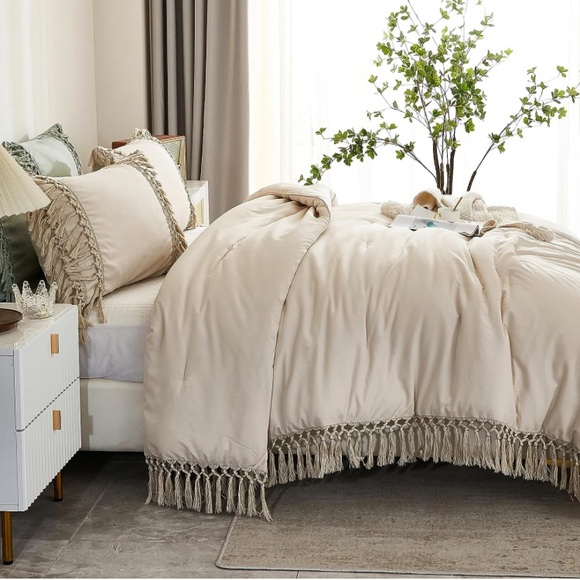 Beige tassel fringe comforter set queen full king 3 pcs boho bohemian - Picture 4 of 8